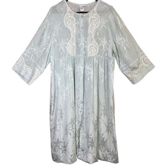 VTG Eve Stillman Blue Satin Lace House Dress Button Robe Kaftan Romantic Sz XL - Picture 1 of 12
